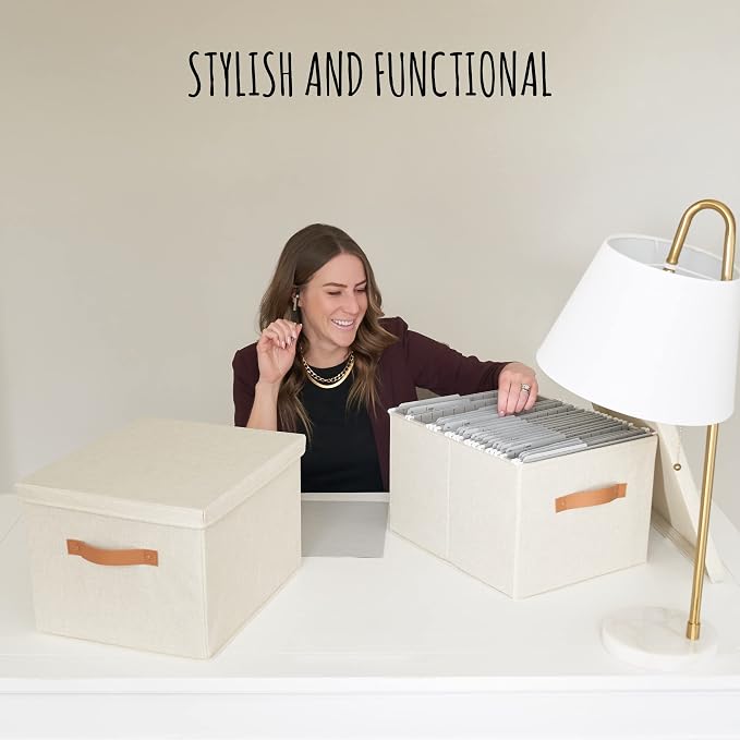 Decorative File Organizer Box Set of 2 - Collapsible Linen Filing Cabinets with Handles Are Perfect to Store All Your Documents & Hanging File Folders - Portable Easy Slide Office Crates with Lid