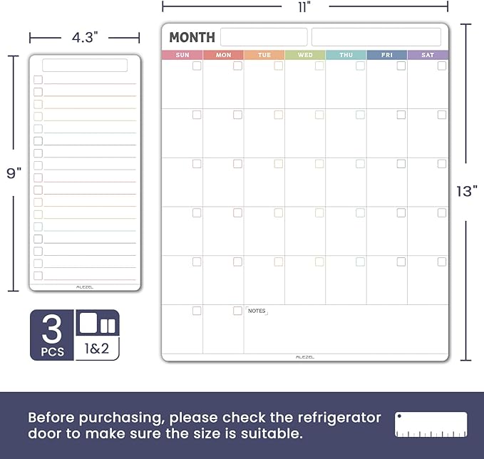 ALEZEL Magnetic Dry Erase Refrigerator Calendar, Vertical Monthly Planner Whiteboard for Fridge, Includes Fridge Calendar & 2 List White Boards, 4 Markers + Eraser