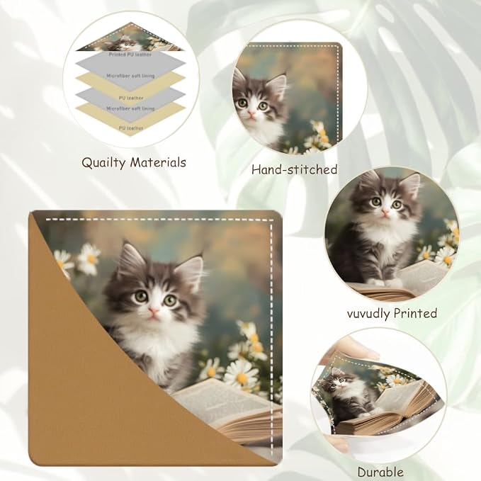 2PCS PU Leather Bookmarks 3.5x3.5 Inch Kitten Floral Book Design | PU leather bookmarks with kitten floral book design for novels, diary pages reading notes students, cat lovers and book fans.