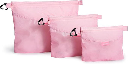 pack all 3 Pcs Water-resistant Material Zipper Pouch Set, Mesh Zipper Bags for Storage, Travel, Office (Pink)