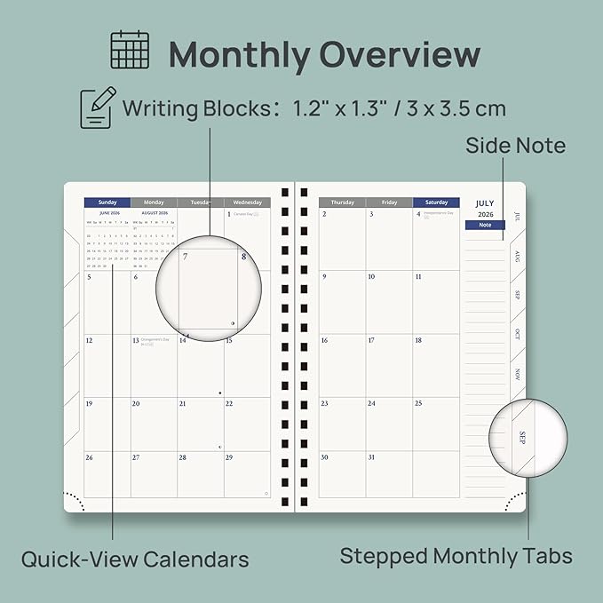 POPRUN Daily Planner 2026-2027 One Page Per Day (6" x 8.5"), 12 Months Hourly Appointment Book (July 26-June 27) Academic Planner Calendar Book with Inner Pocket, Spiral Hardcover - Olive Green