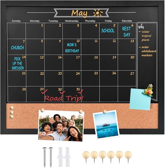 Chalkboard Calendar and Bulletin Combo Board. 18" x 22" Black Wooden Frame，Magnetic Chalkboard.Perfect for Office, Home School Message Board，HBZHB-BK4555-US