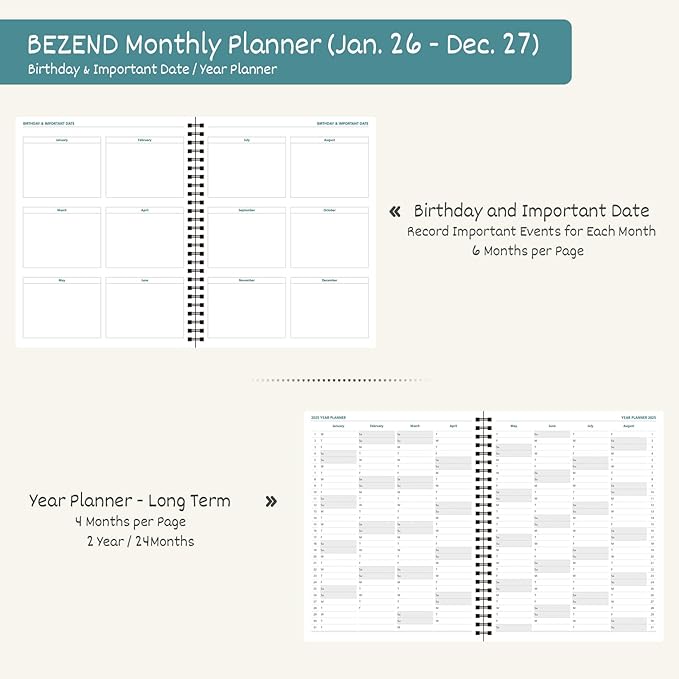 BEZEND Monthly Planner 2026-2027 (Spiral-8.5" x 11") 2 Year Calendar Book with Note Pages - Jan 26 to Dec 27-120 GSM Paper, Inner Pockets, Laminated Tabs, Vegan Leather Softcover - Mint Green