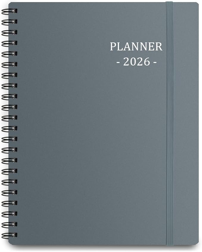 Tiankool Planner 2026, Jan 2026 - Dec 2026 Weekly Monthly Planner with 12 Monthly Tabs and Elastic Closure, Inner Pocket, Round Corner,5.8" x 8.25"- Grey