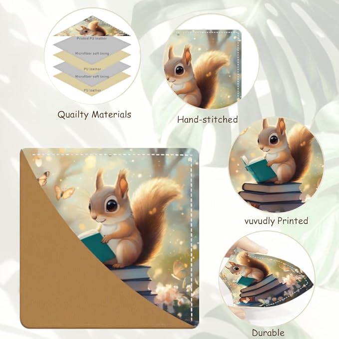 2PCS PU Leather Bookmarks 3.5x3.5 Inch Squirrel Reading Design | PU leather bookmarks with squirrel reading design for story books, class notes, journals, young readers and book lovers
