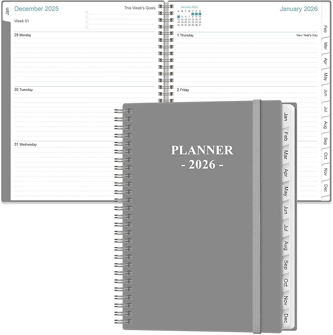 2026 Planner - 8.5" x 11" Weekly Monthly Planner from January 2026 to December 2026, Planner 2026 with 12 Monthly Tabs, Inner Pocket, Elastic Closure, Grey