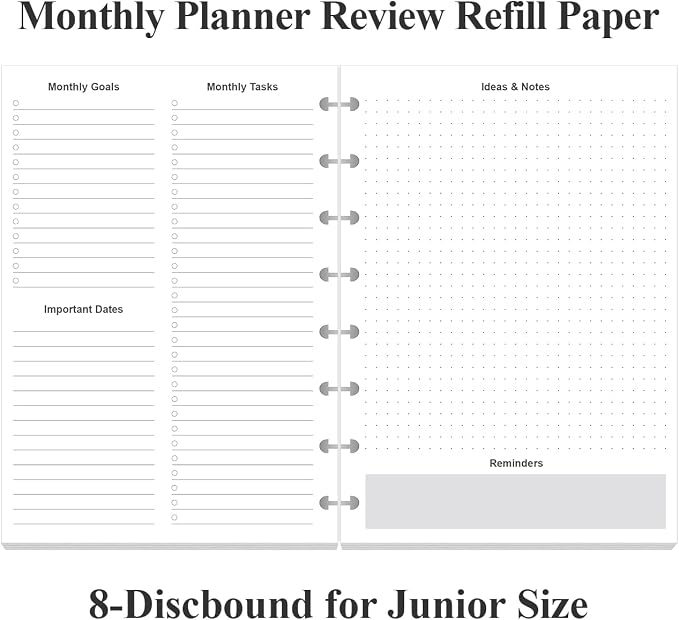 Junior Size Monthly Planner Refills - 53 Sheets/106 Pages Undated Colorful Monthly Planner, 8-Disc Discbound, 100 gsm White Paper, Lasts 2 Year, Undated, 5.8" x 8.3"