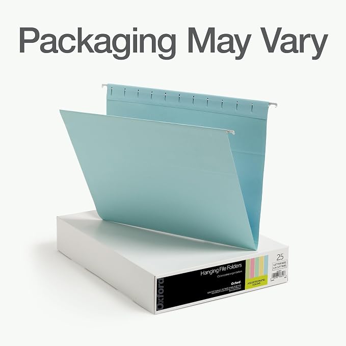 Oxford Hanging File Folders, 25 Pack, Letter Size (8.5" x 11"), 5 Pastel Colors, 5 Tab Positions, Includes Tabs and Inserts, Hanging Files for Office and Document Organization