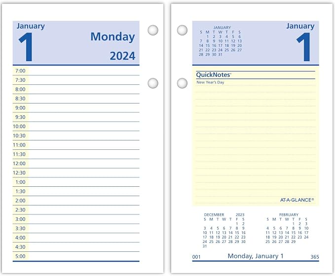 AT-A-GLANCE 2024 Daily Desk Calendar Refill, 3-1/2" x 6", Standard, Loose-Leaf, QuickNotes (E5175024)