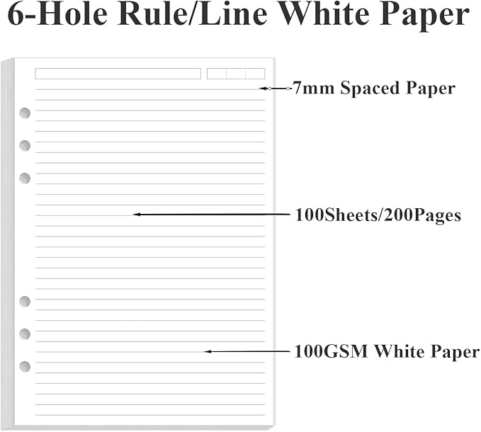 A5 Refill Paper - 6 Hole Planner Inserts for A5 Binder, 200 Pages 6 Ring Loose Leaf Lined Paper with 5 Colorful Binder Dividers, 5.8" x 8.5"