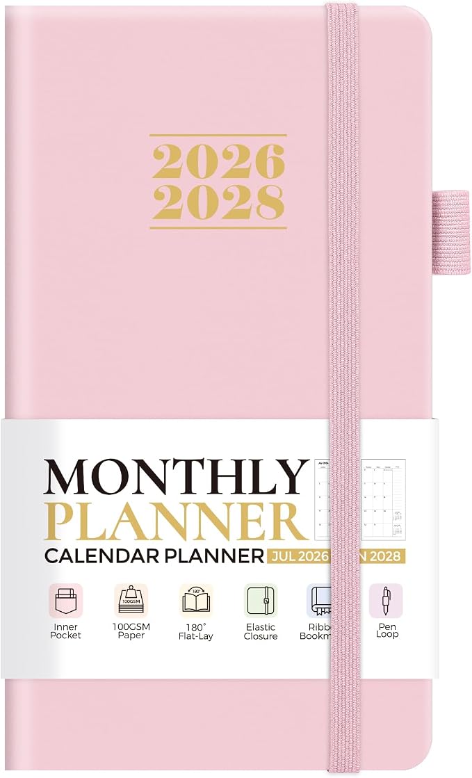 KONVINIT Pocket Calendar 2026-2028, 24-Month Pocket Calendar 2027 Planner Runs from July.2026 Until June.2028, Pink PU Monthly Planner with Inner Pocket, Pen Loop, Elastic Closure for School & Office Supplies, 3.54”×6.69”