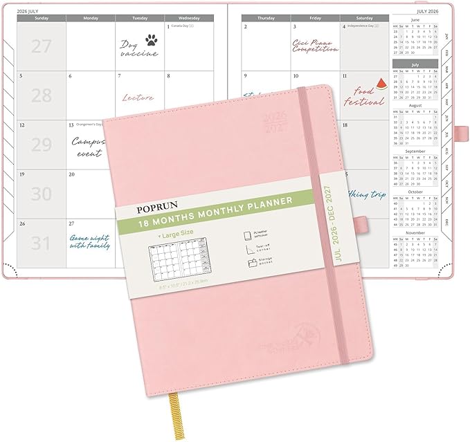 POPRUN Monthly Planner 2026-2027 (Large- 8.5" x 10.5" Soft Cover), 18-Month Calendar Book (Jul.2026-Dec.2027), Calendar Planner with Monthly Tabs & Pocket, 100 GSM Paper - Pink