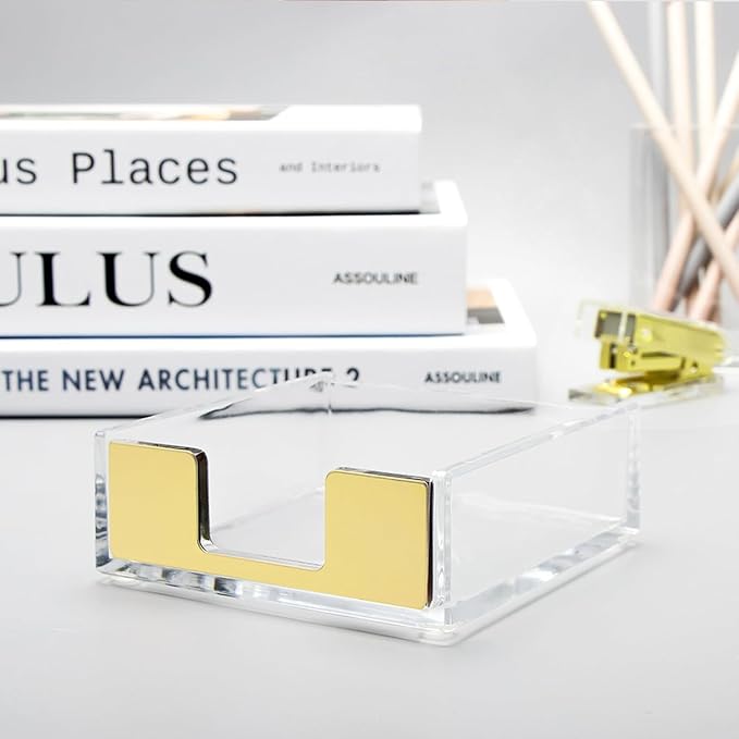 MultiBey Sticky Notes Memo Pad Holder Dispenser Clear Acrylic Gold Post Note Pad Holders Aesthetic Desk Supplies Organizer Accessories for Office Home Schools (Gold)