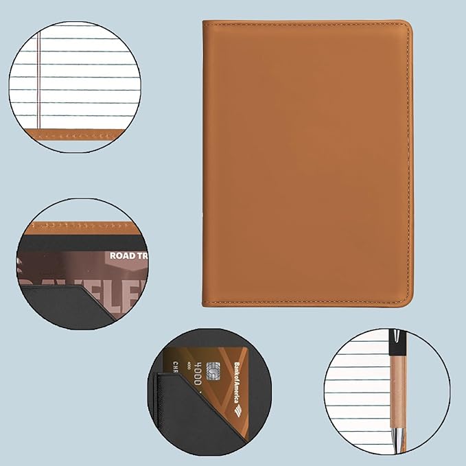 Junior Padfolio Folder - A5 Portfolio Binder Case with 5 x 8 Writing Pad and Interior Storage Pocket Executive Business Organizer for Men Women, Brown