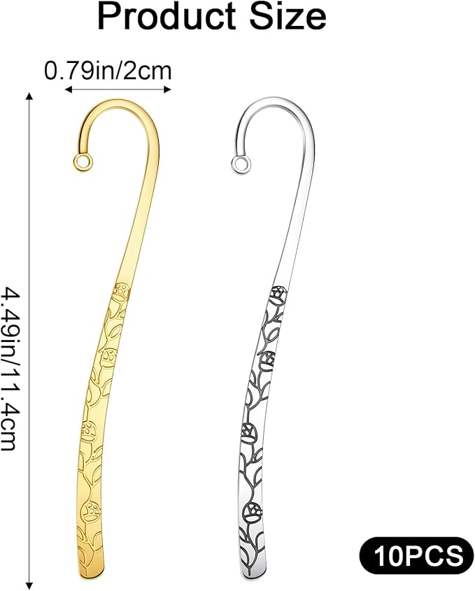 10pcs Metal Bookmark, Antique Carved Metal Bookmark Set Hairpin Hook Design with Loop Embossed Book Markers for Book Lovers Jewelry Making Charms, 5 Gold & 5 Vintage Silver