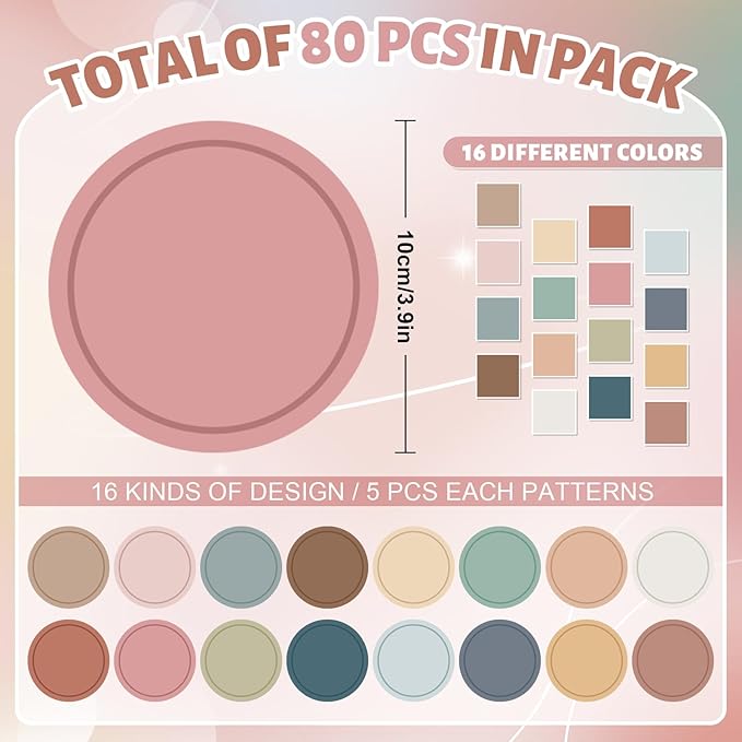 Boho Round Cutouts with 100Pcs Glue Points 16 Colors Circle Shape Paper Cut-Outs Colorful Round Cutting Bulletin Board Decor for Back to School DIY Craft Art Home Party Favor, 80Pcs