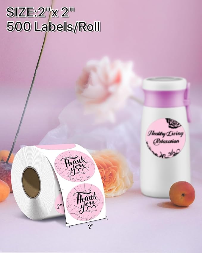 iEager 2 Inch Round Thermal Labels, Circle Thermal Printer Stickers, Durable Circular Label Printer Sticker for Business, Logo, Gift, 500 Labels/Roll, Pink