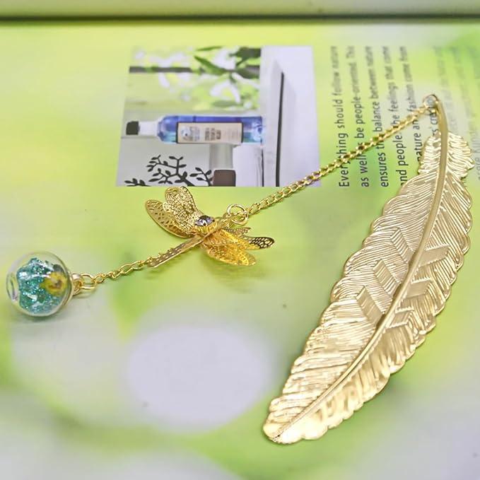 Metal Bookmark with Dragonfly Charms, Feather Book Marks with Pendants, Mothers Day Teacher Appreciation Gifts for Women Grils Mom Readers Book Lovers