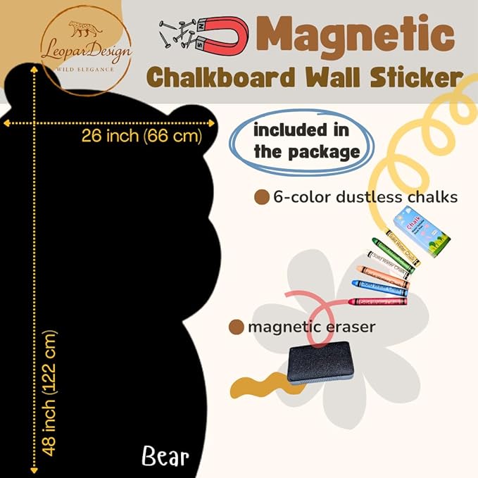 Cartoon-Style Magnetic Wall Chalk Board for Kids - Peel & Stick Magnetic Board for Drawing, Writing & Learning - Chalkboard Wall Sticker for Playrooms, Bedrooms, Classrooms & Homeschool - Bear