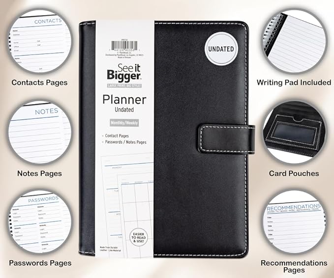 See It Bigger Medium 15-Month Undated Padfolio Planner – 9" x 7" Monthly & Weekly Dated Organizer with Removable Lined Notebook, Interior Pockets, and Large Print for Work & Personal Use