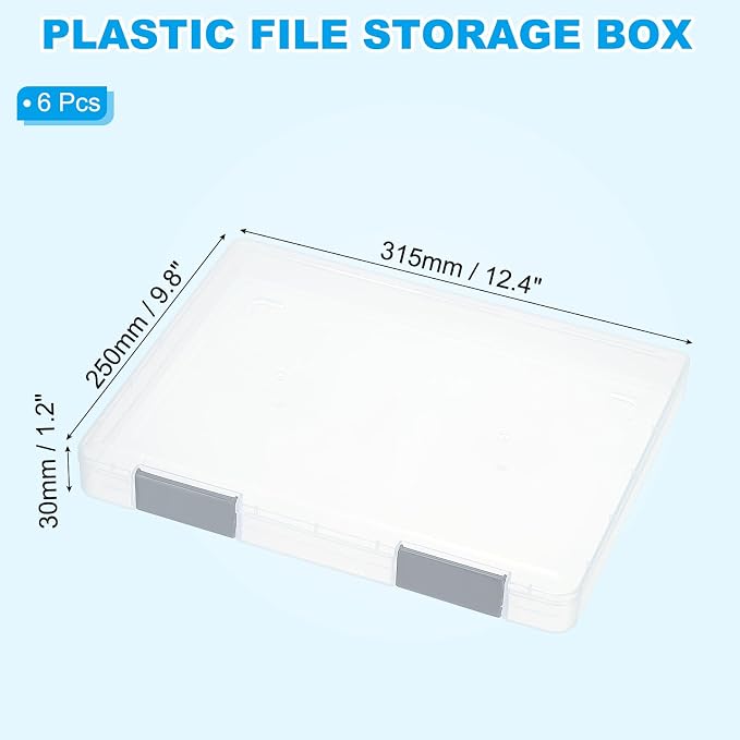 PATIKIL Clear A4 File Portable Project Case with Buckle Plastic Storage Box for 8.5" x 11" Letter Paper Scrapbook Paper Storage Boxes, 6Pcs, 12.4"x9.8"x1.2", Light Gray