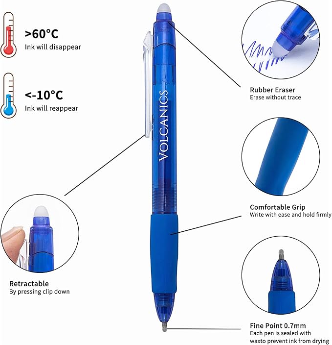 Volcanics Retractable Clicker Erasable Gel Pens 12 Pack, 6 Bright Colors, 0.7mm Fine Point Gel Ink Pens, Smooth & Refillable for Home and Office