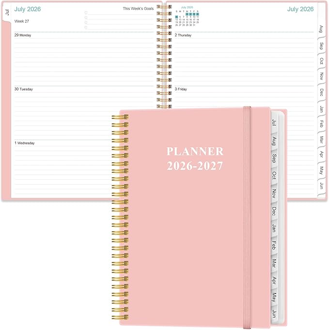 2026-2027 Planner - 8.5" x 11" Weekly Monthly Planner from July 2026 to June 2027 with 12 Monthly Tabs, Inner Pocket, Elastic Closure, Pink