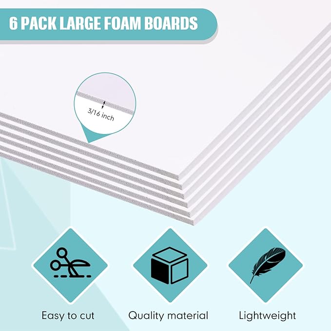 Kathfly 6 Pack Large White Foam Boards 30 x 40 x 3/16" Thick Acid Free Foam Core Board Double Sided Rigid Poster Foamboard for Art Craft Projects Presentation Signage Painting Wedding School Display