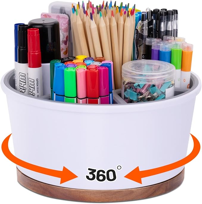 Pen Organizer For Crayon Marker Color Pencil, Lazy Susan Art Supply Storage Organizer, Pen Holder For Desk School Office Home White & Grey