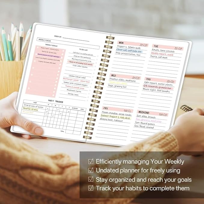 Undated Weekly Planner- Weekly Goals Notebook, A5 To Do List Planner, Habit Tracker Journal with Spiral Binding, 5.7 x 8.0 inches