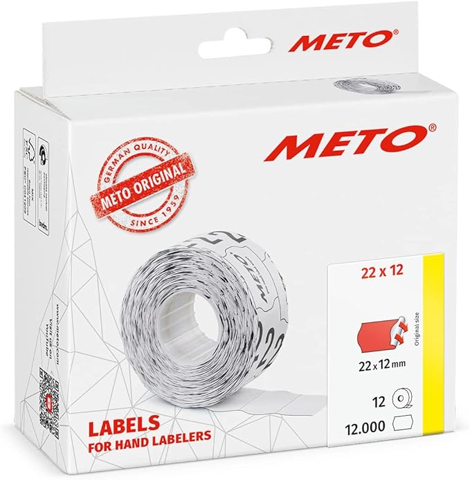 Meto Price Gun Labels (22×12 mm, Single-line, Fluorescent red, 12,000 Labels, Permanently Adhesive, for METO, Contact, Sato, Avery, Tovel, Samark etc.)