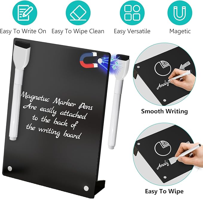 2PCS Black Acrylic Weekly Dry Erase Board Desktop, 8x6 Small Magnetic Whiteboard with Stand for Table Fridge Calendar Memo Board, Daily Planner Blackboard Easel for Office, School