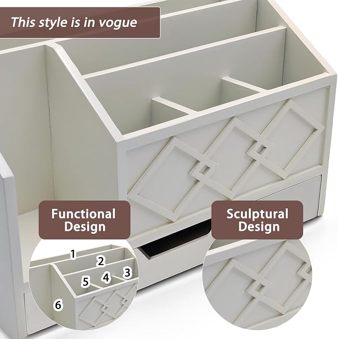 White Wooden Mail Organizer with Drawer, Three Tiered Desk Accessories for Office Organization and Storage, Stylish Countertop Document Storage, Home/Office/Classroom Supplies (White02)