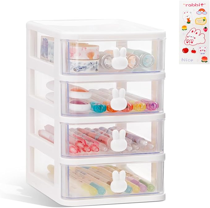 CEYAZYE Desk Organizer with Drawer, Stackable Makeup Organizer White, Small Plastic Storage Box for Desktop, Bathroom Counter or Dresser, School, Home, Office (4 Tier)