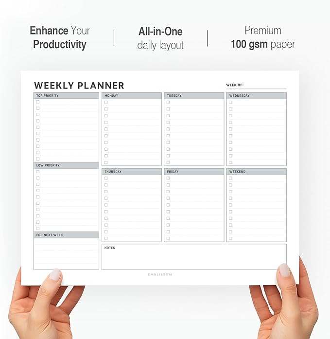 Weekly Planner Notepad, 8.5 x 11" Tear-Off Pad – 70 Undated Sheets, Daily Schedule Deck Organizer with Priorities, To Do List & Checklist for School, Work, Home (White, Checkbox, 1 Pack)