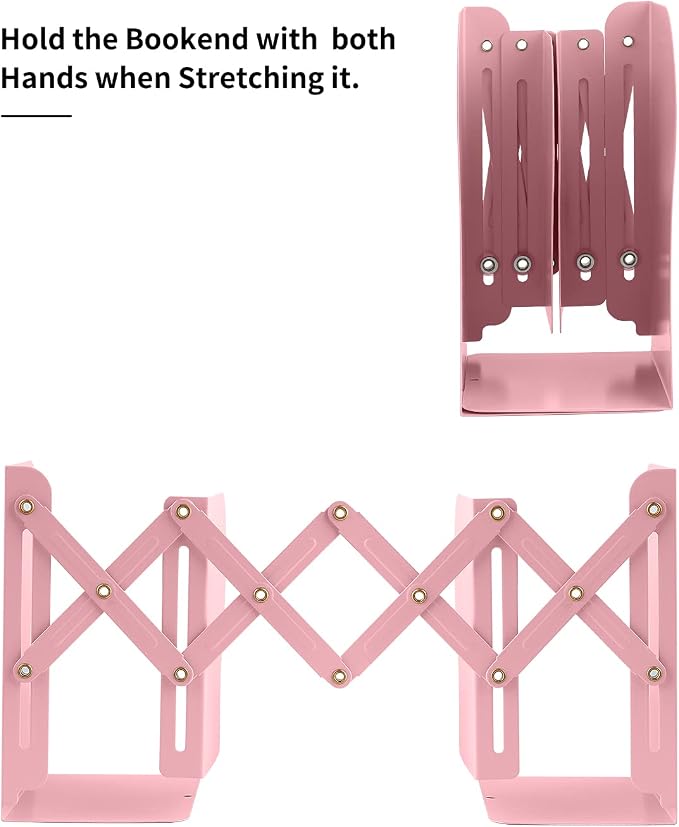 MSDADA Adjustable Bookends, Book Ends for Heavy Books, Expandable Book Organizer for Desk, Shelf, Office, School, for 6 7 8 9 10 11 12-15 Boys and Girls, Extends up to 19 inches (Pink)
