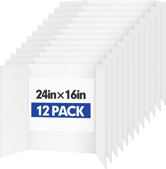 Trifold Poster Board,12 Pack 24" x 16" White Corrugated Poster Boards,Display Board,Perfect for School Projects, Science Fairs, Event Displays, and Business Presentations