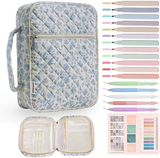 Quilted Bible Cover Case for Women with Bible Study Supplies Journaling Kit Floral Bible Bag Carrying Case with Pastel Highlighters Tabs, Women Christmas Christian Gifts (Blue Floral, M)