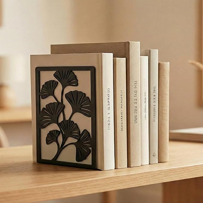 Decorative Bookends, 2 Pcs Ginkgo Leaf Desk Bookends Sturdy Metal Book Organizers for Home Office and Study Room