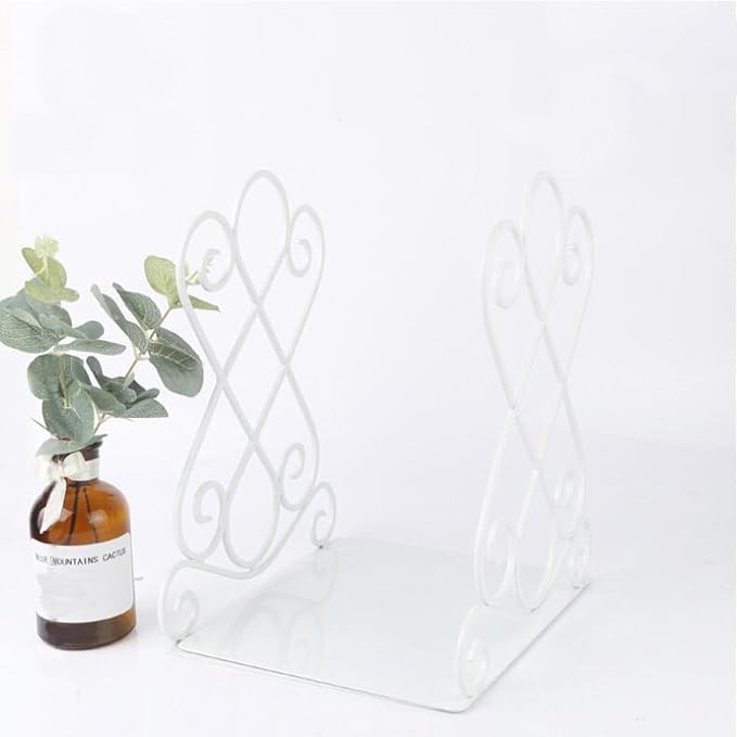 White Metal Bookends, Heavy Duty Book Stoppers for Shelves, Vintage Decorative Book Holders for Home Office Desk, Non-Slip Book Ends for Library Classroom, Set of 2 with Pads