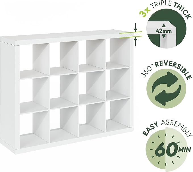 Furinno Cubicle Book Shelf, 12-Cube Bookshelf, Triple Thick Frame Cube Storage Organizer, 1.65" Thick Bookcase, 15.4" x 57.4" x 43.4", for Home Office, Living Room, Plain White