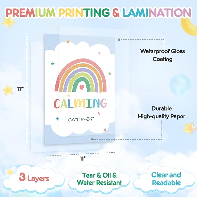 12PCS Calming Corner Classroom Posters (11x17"), Emotions Chart Feelings Wheel Calm Down Corner Supplies, Mental Health Therapy Office Wall Decor for Preschool Kids Teacher
