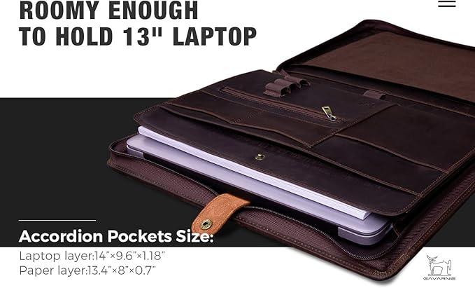Genuine Leather Business Portfolio Padfolio Folder with Zipper for Men, Men's Leather Padfolio Folder for 13" Laptop, Business Portfolio for Letter Size Notepad, Graduation Gift，Dark Brown