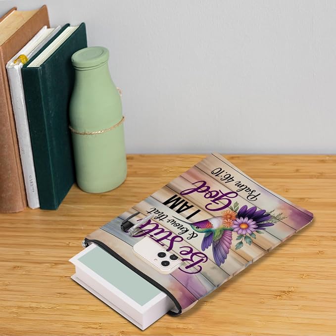 Colorful Hummingbird Christian Book Sleeve, Book Lovers Gifts Sleeve with Zipper & Front Pocket, 11.4x8.8 Inch Canvas Books Cover Protector Bookish Bible Gifts for Readers Librarian Women Teacher