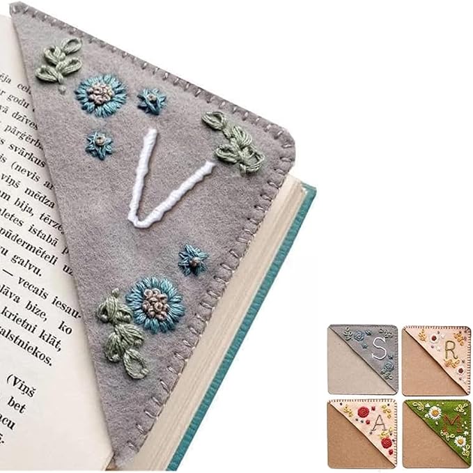 Personalized Hand Embroidered Corner Bookmark, 26 Letters Cute Flower Embroidered Corner Bookmark Embroidery Book Marker Clip for Book Lovers Bookmarks for Reading Lovers Meaningful GIF (Winter, V)