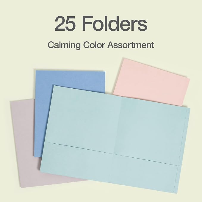 Oxford 2 Pocket Folders, 25 Pack, Assorted Calming Colors, Made in the USA, Fits 100 Letter Size (8.5" x 11") Sheets, Durable Paper Folders for School, Home, and Office