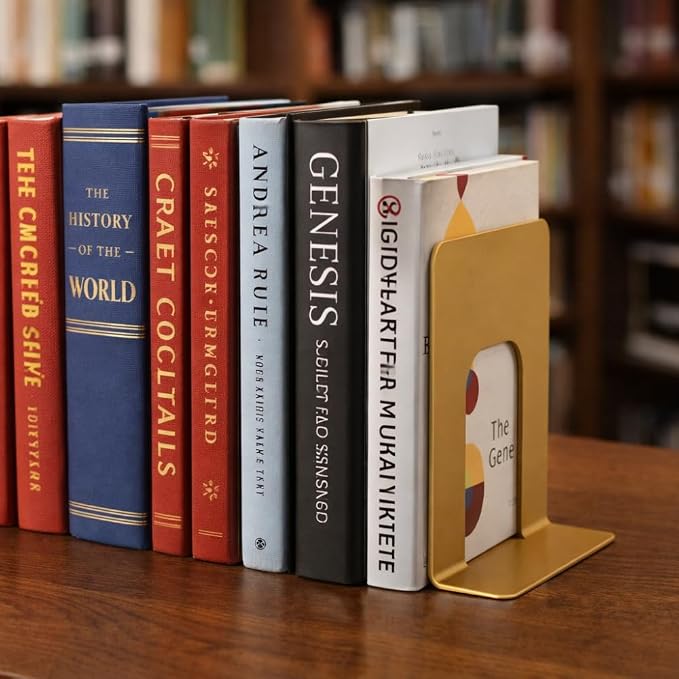 Alessk Dark Matte Gold Metal Bookends for Shelves – Heavy Duty Decorative Bookends for Heavy Books – Modern Book Ends for Office Bookshelf- has 3 Non-Slip Pads at the Bottom – 2Pairs (4 Pieces)