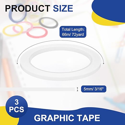 MECCANIXITY Whiteboard Tape 3/16" / 5mm Self Adhesive Graphic Chart Line Tape 72 Yard Grid Marking Stickers for Pinstripe Dry Erase Board Scrapbooking DIY Art Crafts, White, Pack of 3