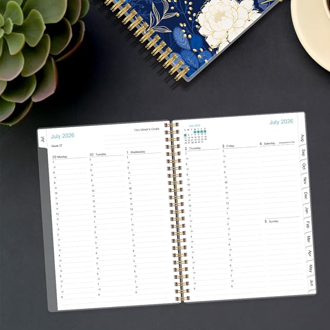 2026-2027 Appointment Book & Planner - 2026-2027 Daily Hourly Planner from July 2026 - June 2027, Weekly Appointment Book with 30-Minute Interval, Medium 6.4" x 8.5", Blue Leaf Flower