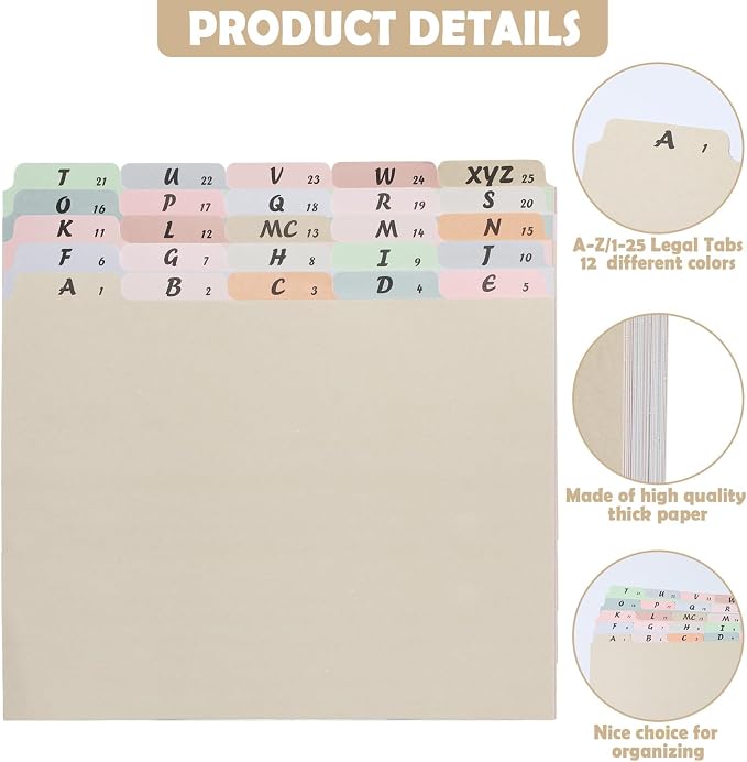1 Set A-Z Alphabetic and Number Top Label Files, Legal Size, 25 Sheets File Dividers 1/5 Cut Label File Cabinet Dividers Desk Organizer for Office, Home and School (Classic)